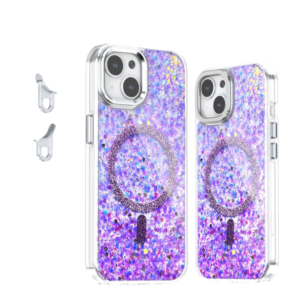 Creative Sequins Glitter Epoxy Magnetic Phone Case for Apple iPhone, transparent back with glitter, compatible with IP12-IP16 models