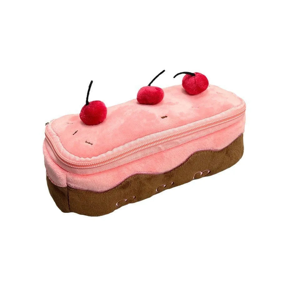 Cherry Cake design plush pencil bag made from red velvet fabric with a zip.