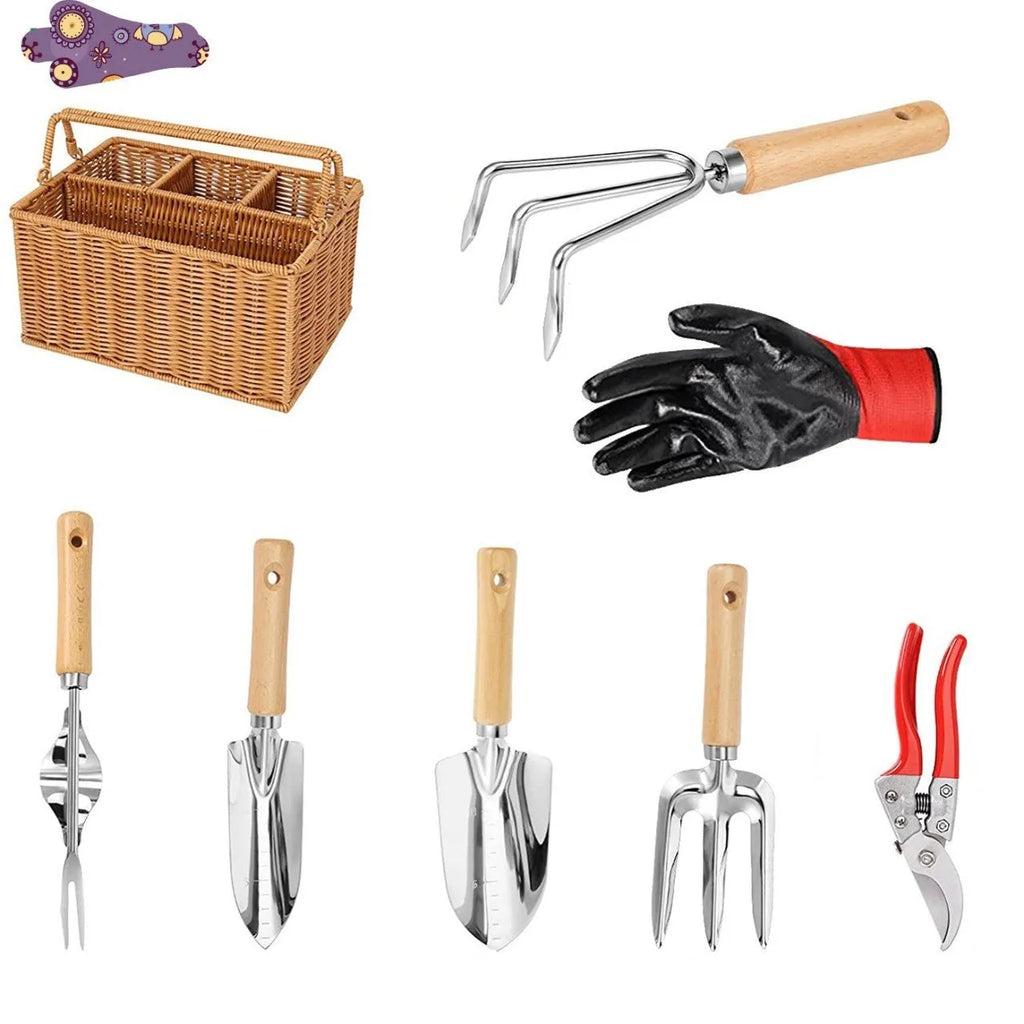 Gardening tools set with wooden handles and stainless steel hoe and shovel on rustic background