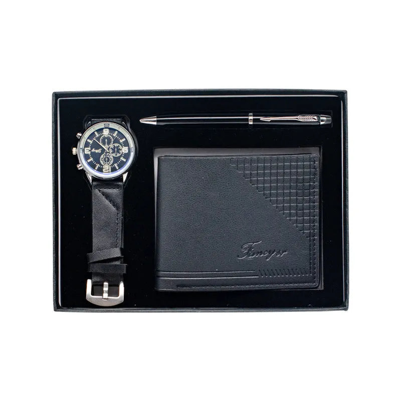 Modern business gift set showing wallet, pen and watch in brown and black colour options with gift box