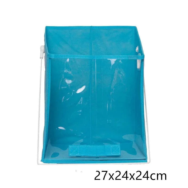 Blue folding detachable storage basket with clear front panel, shown on a shelf.