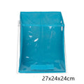 Blue folding detachable storage basket with clear front panel, shown on a shelf.