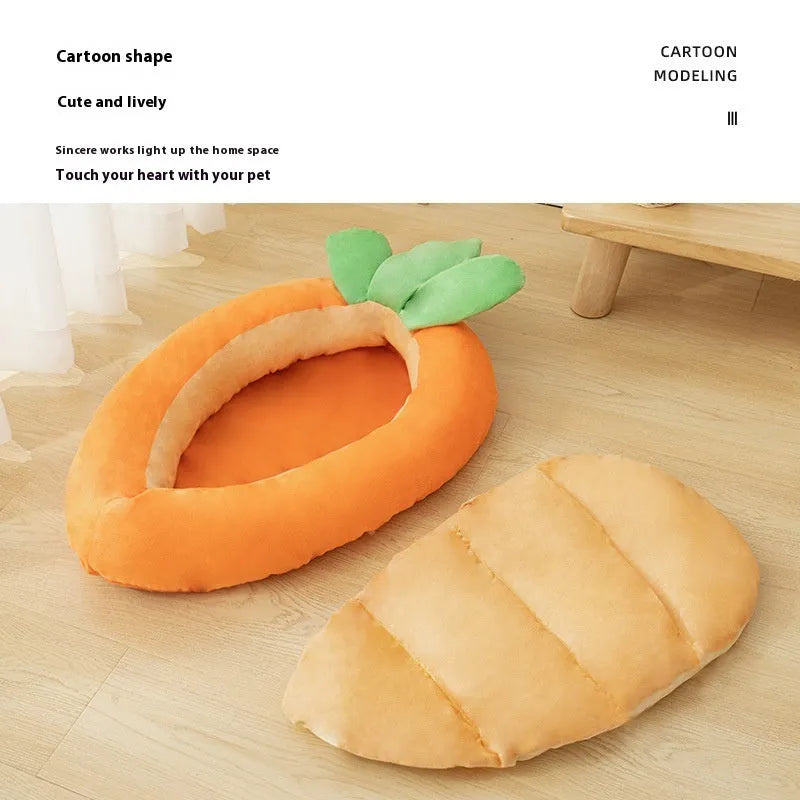 Cartoon carrot pattern double-sided cloth pet mat with non-slip backing in carrot colour.
