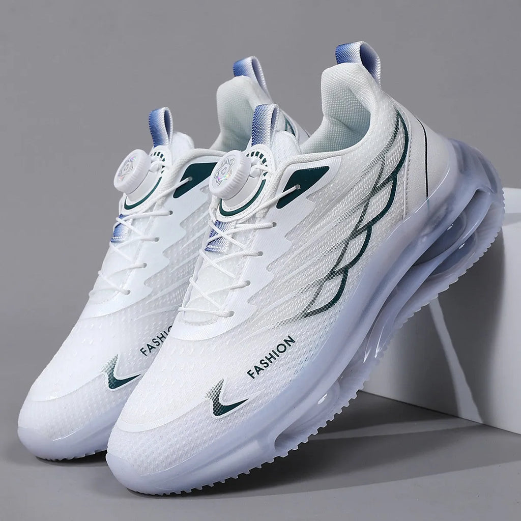 White youth casual shoes with rotating button closure, mesh upper, rubber sole, and lace-up design.