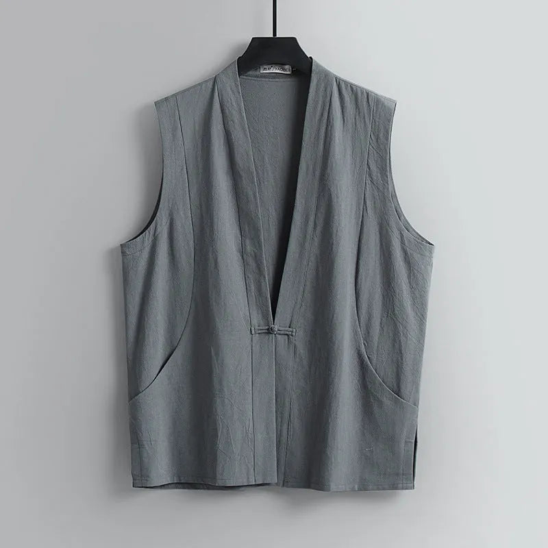 Men's thin linen sleeveless vest in a loose fit, shown in a solid colour.