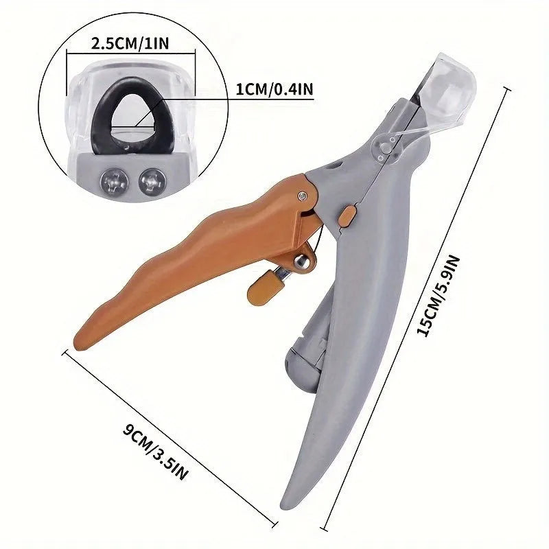 Yellow LED pet nail trimmer with magnifying glass, lights, and nail catcher for cats and dogs.