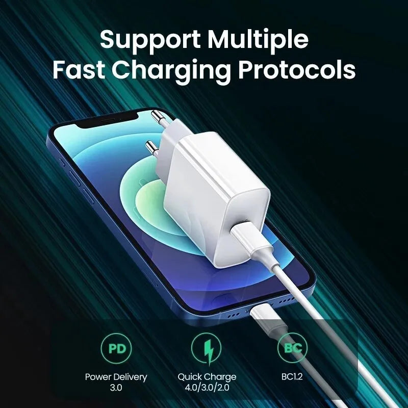White 20W mobile PD charger with Type-C interface showing international plug compatibility