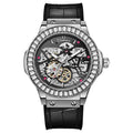 Men's automatic mechanical watch with hollow movement, diamond studs, and white shell case.