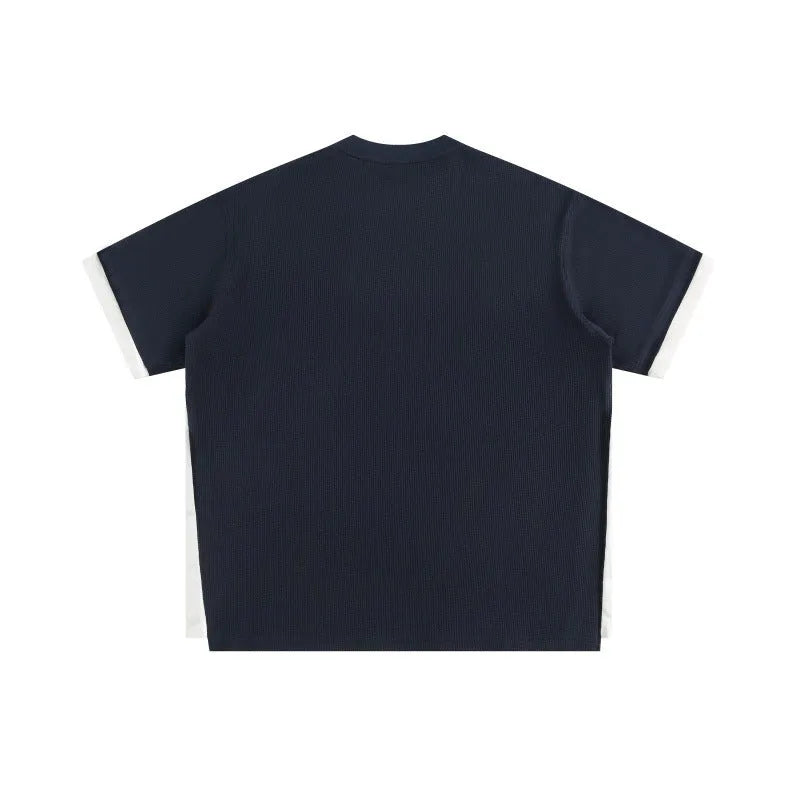 Retro alphabet embroidered loose waffle short-sleeved t-shirt in polyester fibre fabric