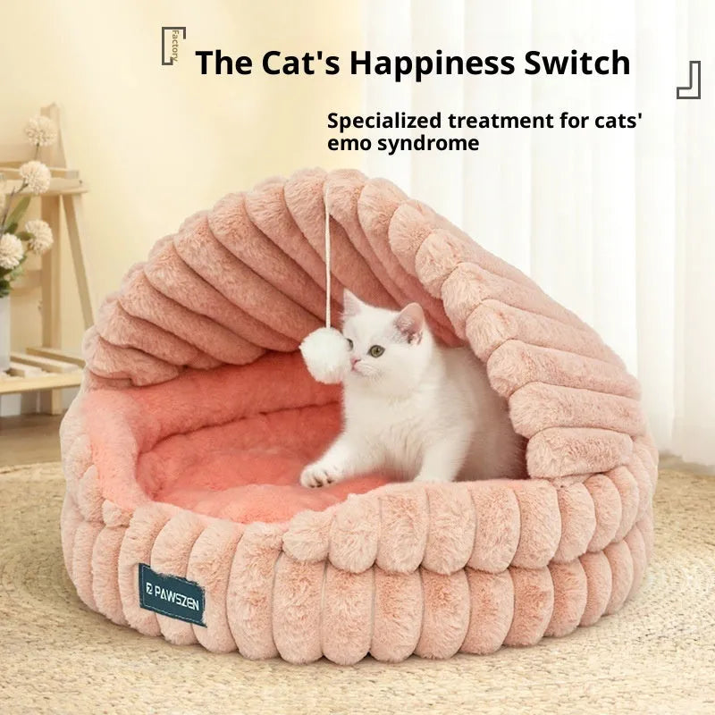Large round cloth cat nest bed in pink with shell design, 50cm diameter