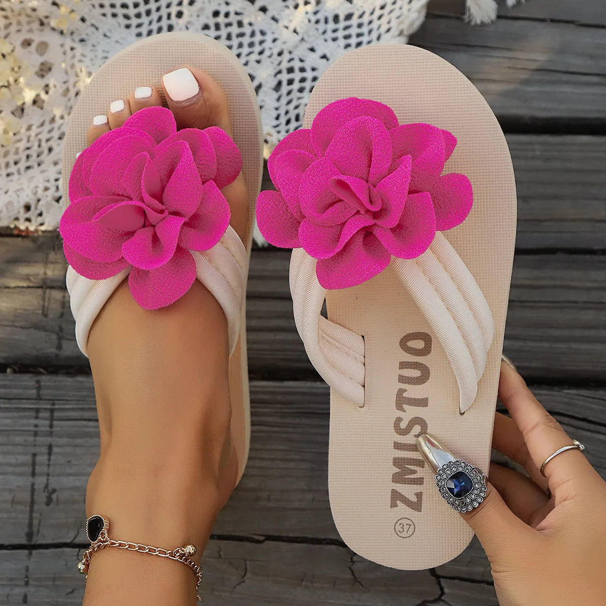 Plus size floral embroidery slippers in green, rose red and creamy-white colours with PU construction