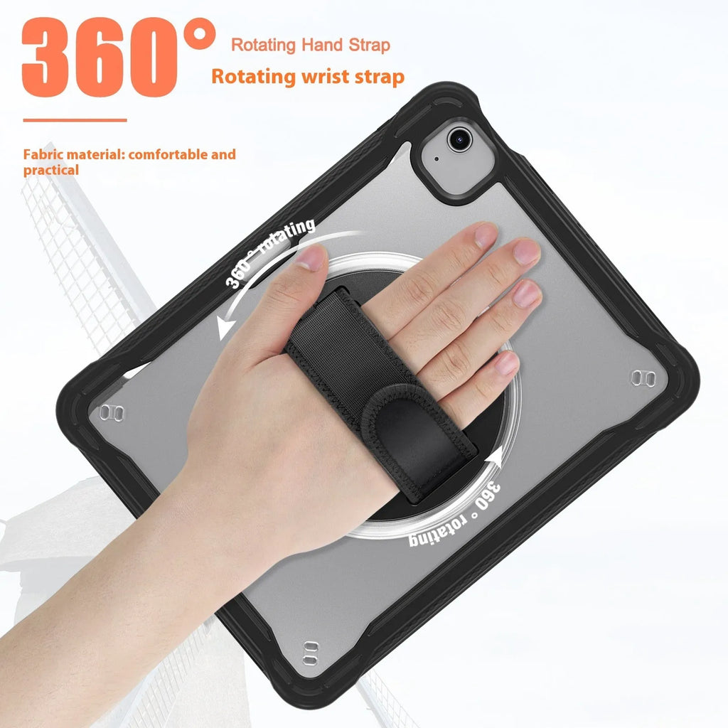 iPad Mini 6 tablet case with rotating bracket, lanyard, and bracelet in black colour