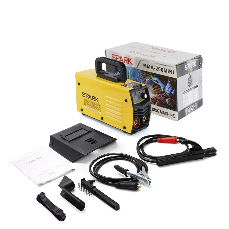 MMA-200MIN 220V portable DC inverter welding machine with face shield and accessories on a workbench.