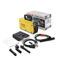 MMA-200MIN 220V portable DC inverter welding machine with face shield and accessories on a workbench.