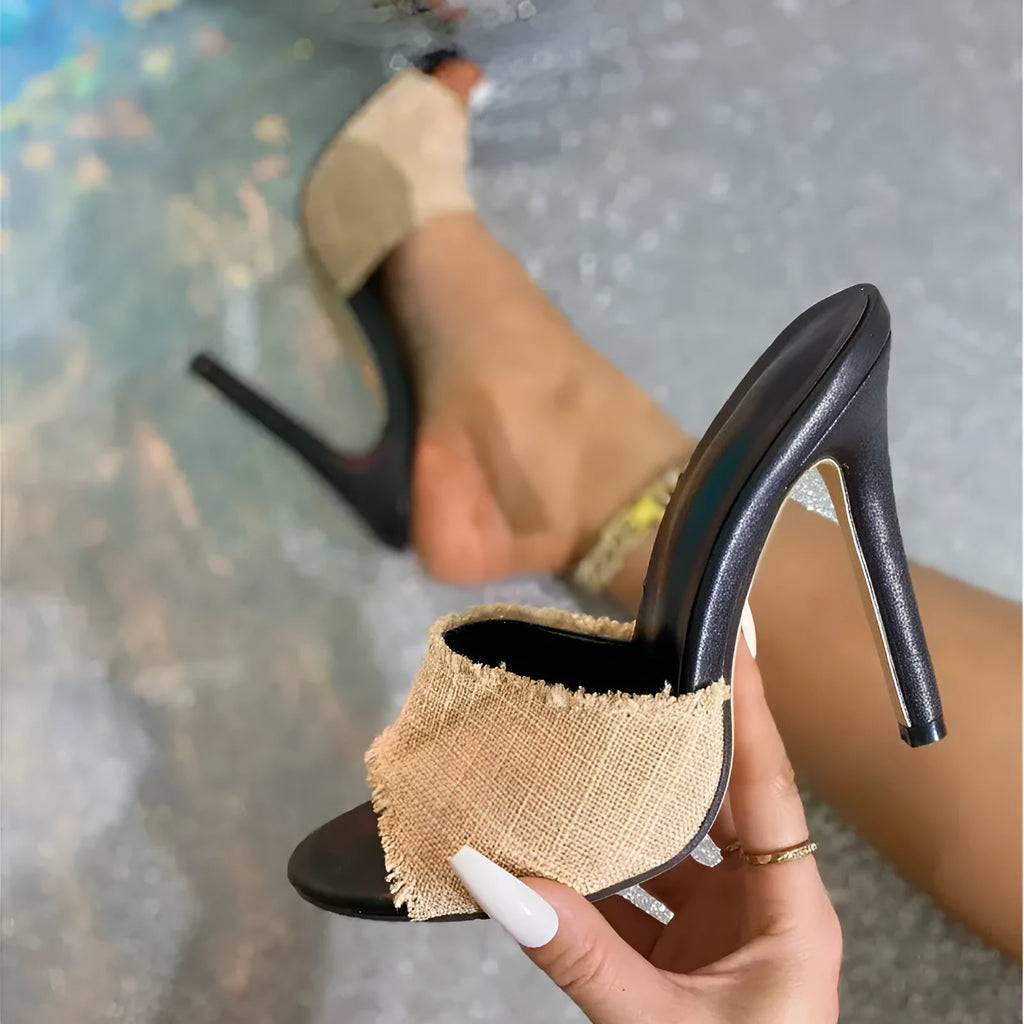 Apricot women's stiletto heel sandals with separate toe design and sheepskin fur upper