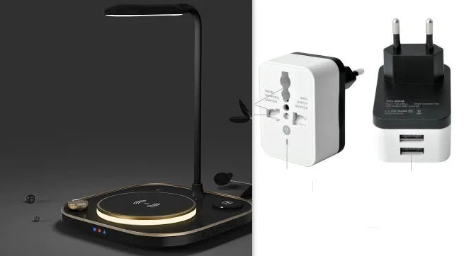 Three-in-one 15W wireless magnetic charging dock shown in black, with optional desk lamp style and USB cable.
