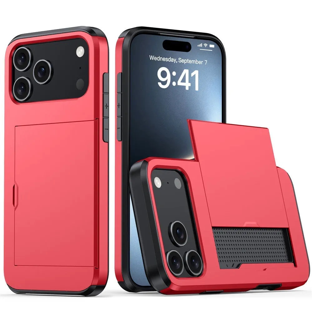 Sliding cover card holder phone case for iPhone in multiple colour options showing card slot.