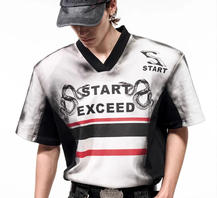 Women's V-neck short sleeve printed top with padded shoulders in Korean style