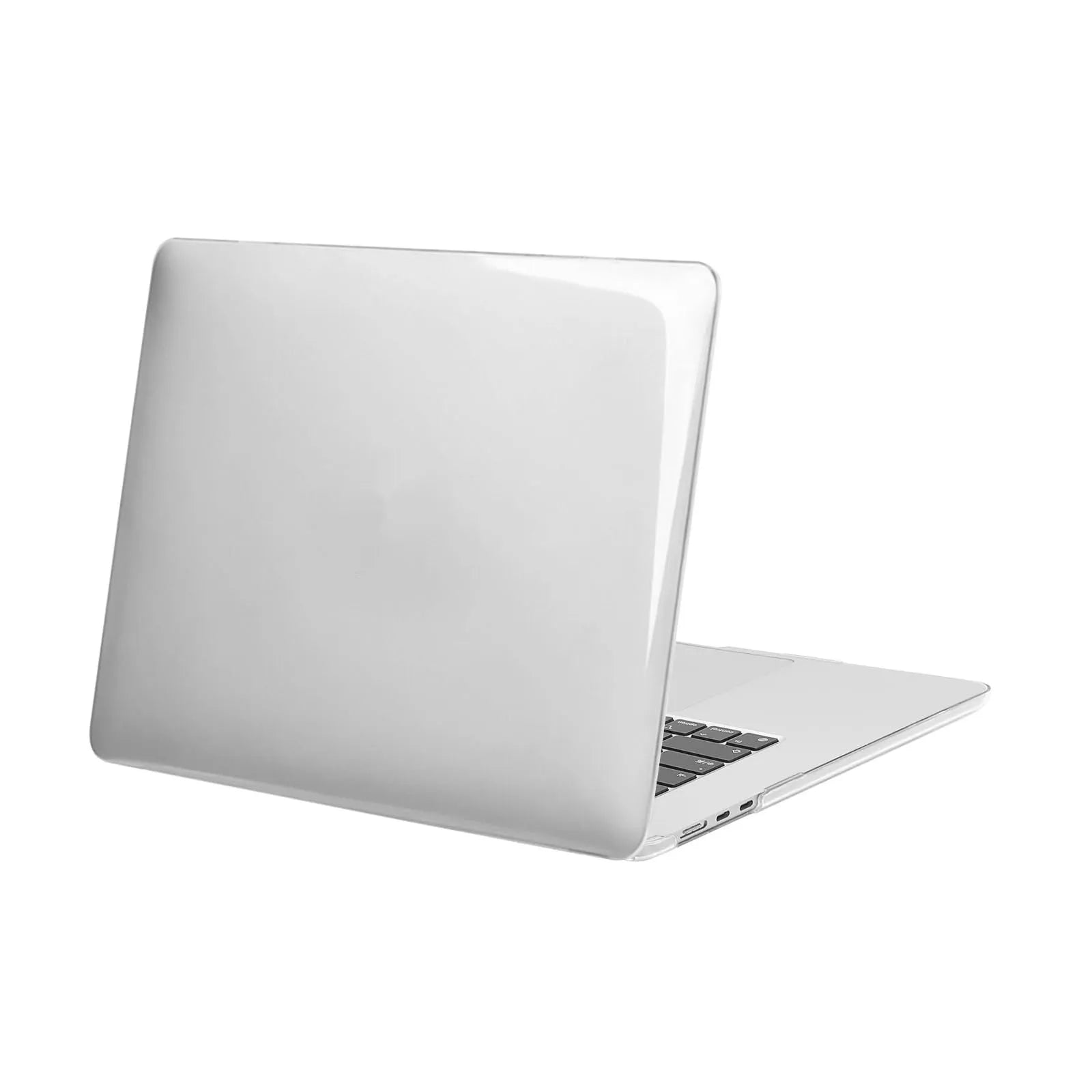 Transparent plastic protective shell for a MacBook laptop, shown in clear and tinted black options.