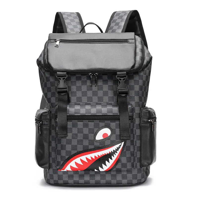 Korean casual checkered printed large backpack made from PU leather with curved shoulder straps.