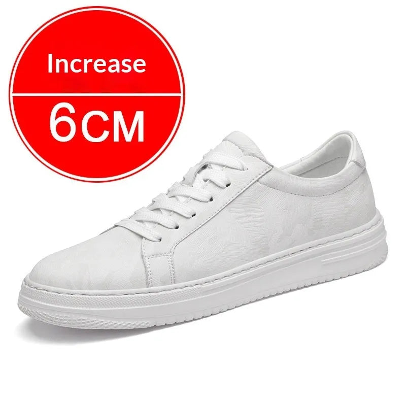 White, black, or beige low-top casual sneakers with hidden platform sole, microfiber upper, front laces, and 6 cm or 8 cm height increase.