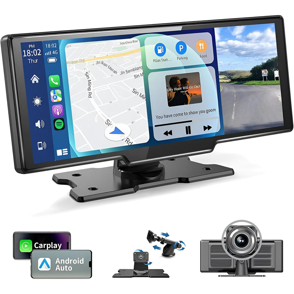 Black 10.26-inch car navigation device with touch screen showing split display of map and recording footage