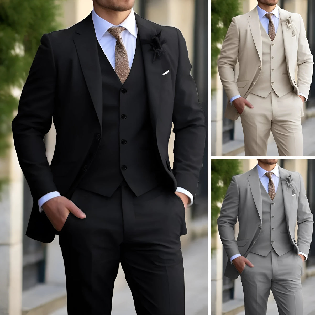 Men's casual three-piece suit set with jacket, vest and trousers in cotton blend, regular fit, sizes XXS to 7XL