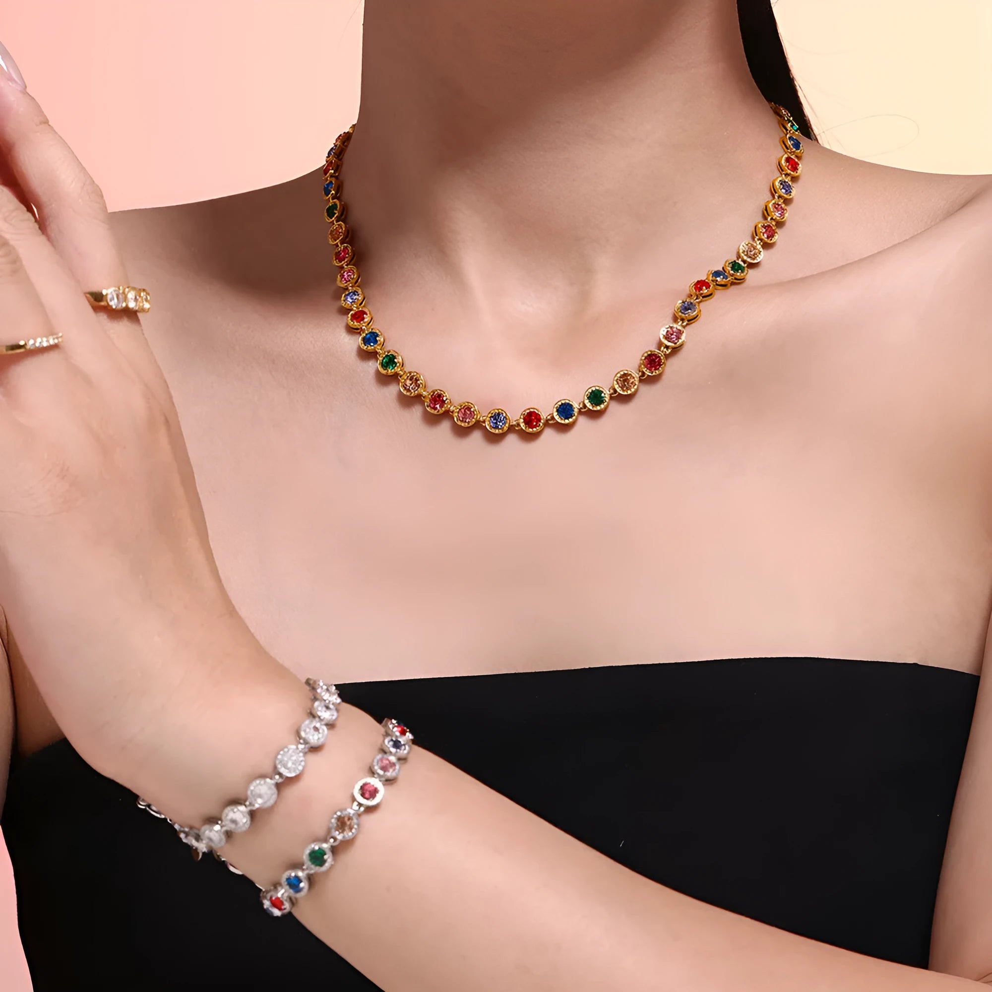 Titanium steel zircon necklace with Bohemian regular chain, golden mixed colour pendant on model