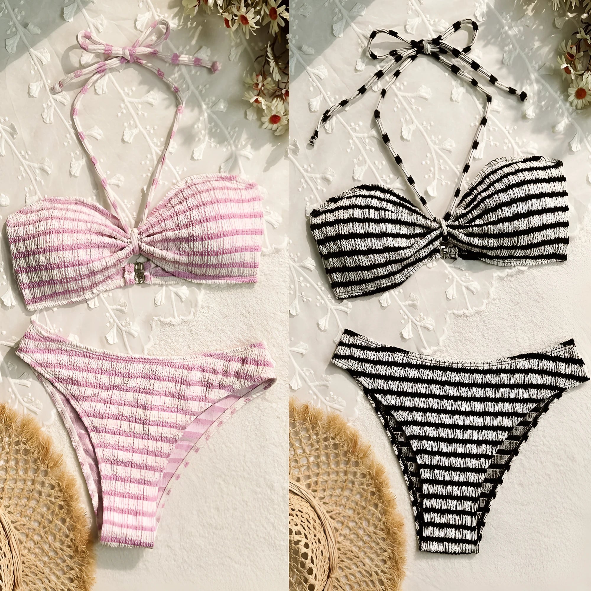 Women's striped bikini swimsuit in polyester fabric available in pink or black