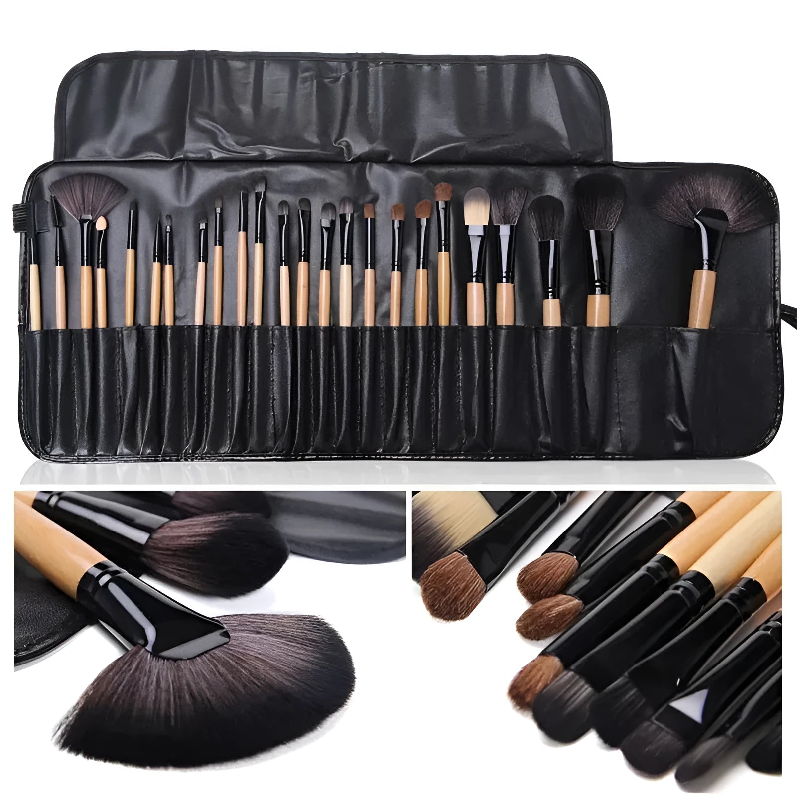24-piece professional makeup brush set with wooden handles in a black PU gift bag.