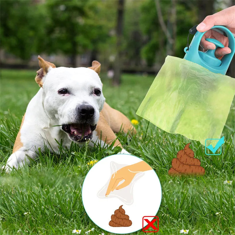 Blue portable dog pooper scooper with built-in bag dispenser and eight-claw shovel mechanism