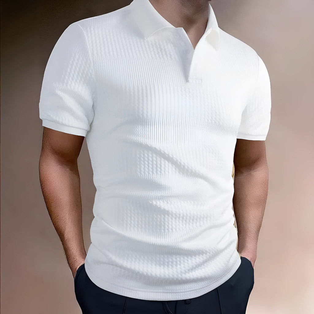 Men's striped polo shirt in loose fit with short sleeves showing asymmetric design detail