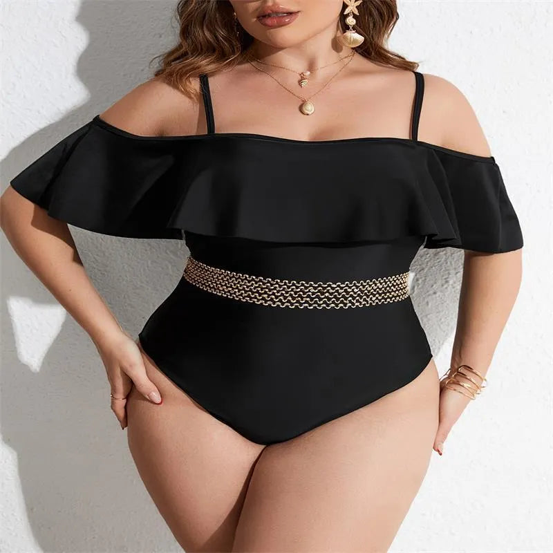 Black women's one-piece swimsuit on a mannequin, shown from the front.