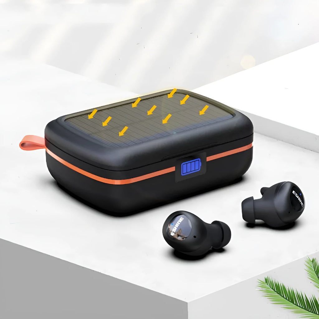 Wireless sports Bluetooth headset in ear black with earbuds and wireless charging capability