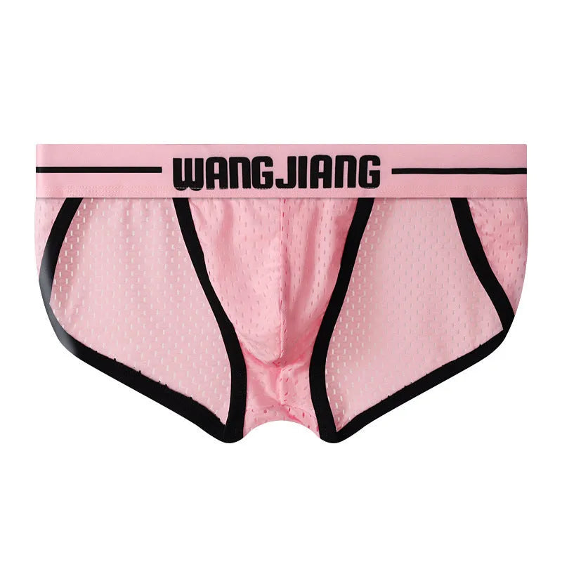 Men's mesh breathable triangle underwear in Ice Silk fabric showing quick-drying sports design in multiple colour options