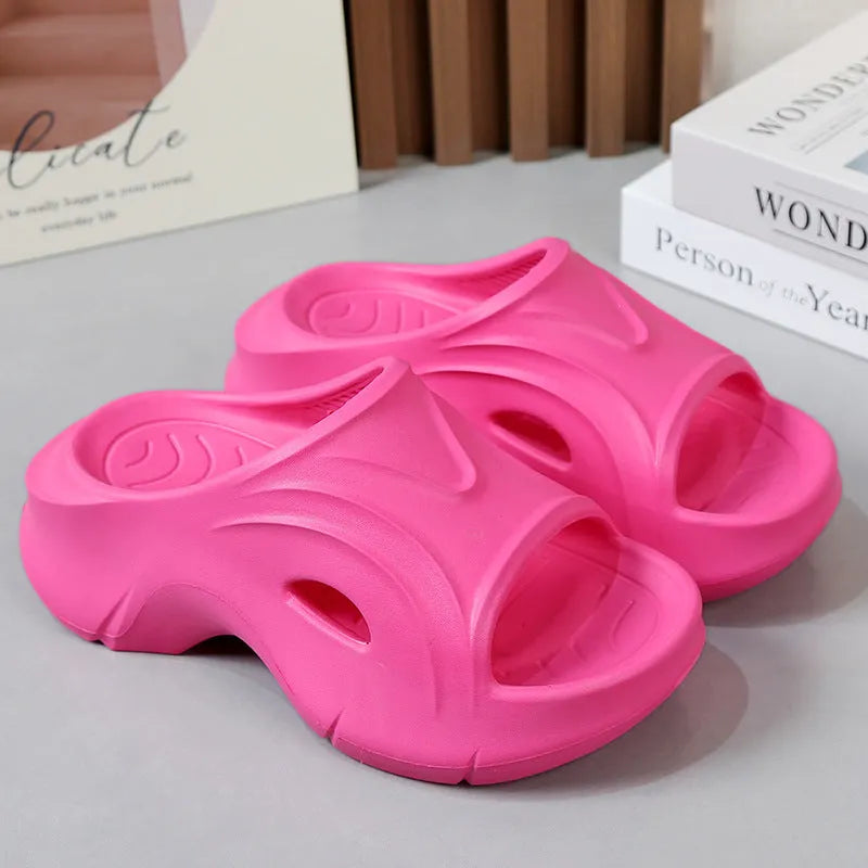 Women's thick-soled EVA foam slippers in rose red colour with round toe design