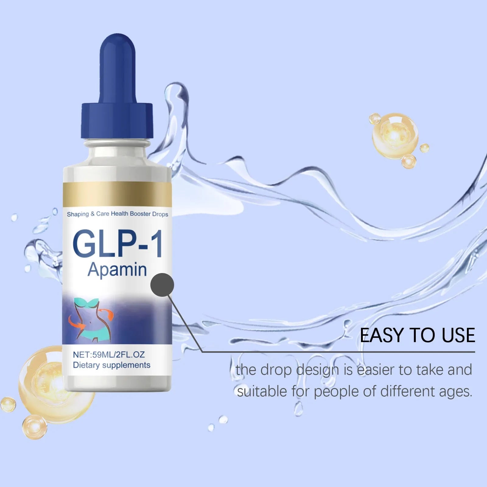 Bottle of Nourishing Skin Elastic Body Care Drops, 59ml net content, for export sales.