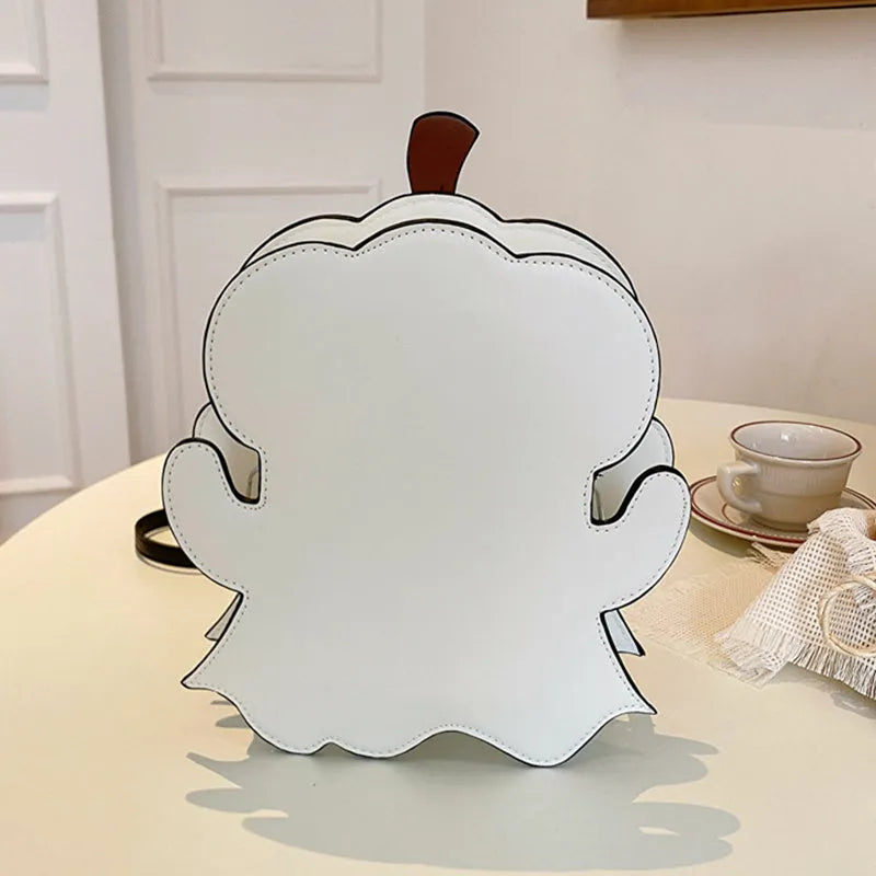 Halloween White PU crossbody shoulder bag with 3D cartoon pumpkin and ghost design for women