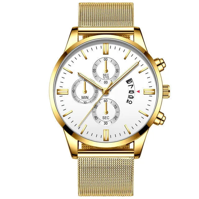 Men's stainless steel mesh band quartz watch with analog display and coloured case options.