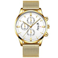 Men's stainless steel mesh band quartz watch with analog display and coloured case options.