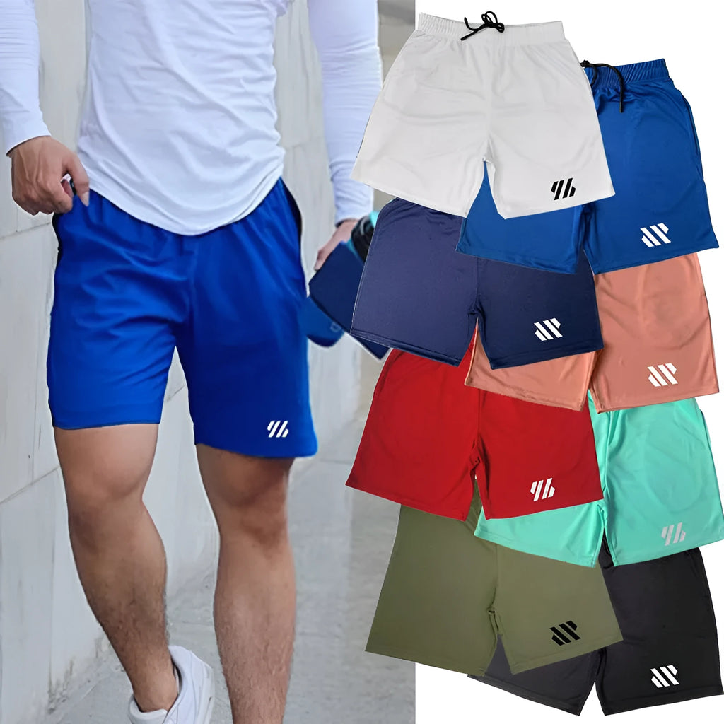 Men's loose metal silk fabric sports shorts in multiple colours on a white background.