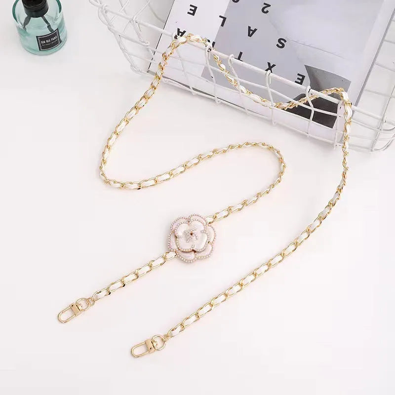 Artificial leather crossbody chain phone lanyard with rose and camellia floral pattern in Korean style, aluminium clip