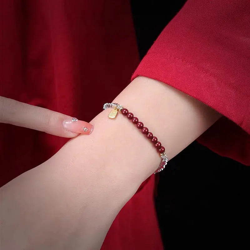 Geometric copper couple bracelet with round silver lucky beads measuring 16cm with white K finish