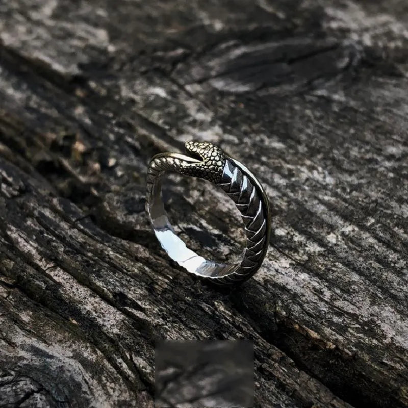 Thai silver handmade Ouroboros adjustable unisex couple ring with geometric snake design