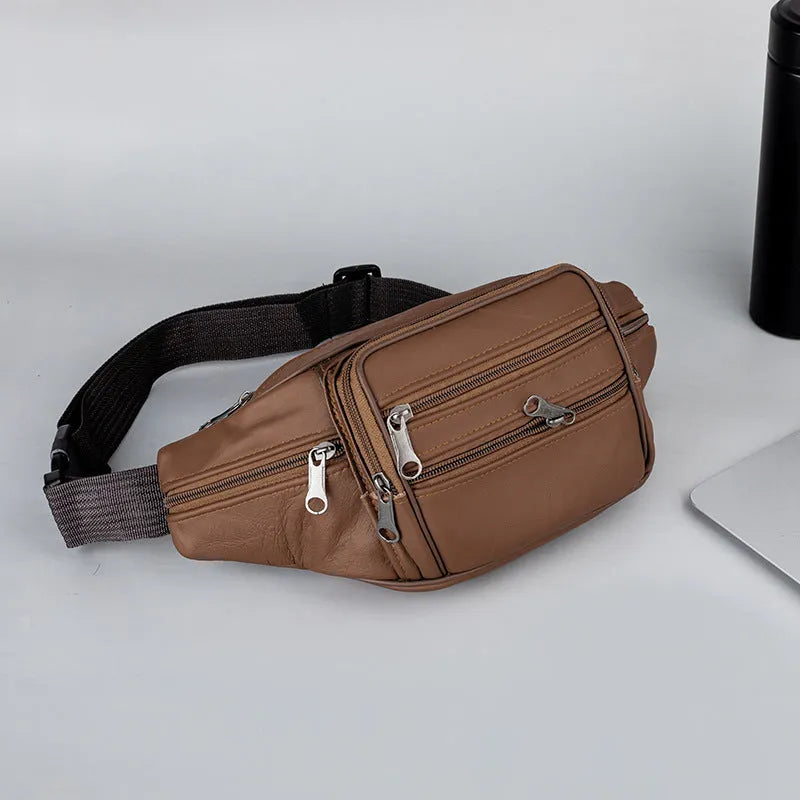 Genuine leather sports waist pack for men, black thin style, top grain leather, with leather pull tab, on white background
