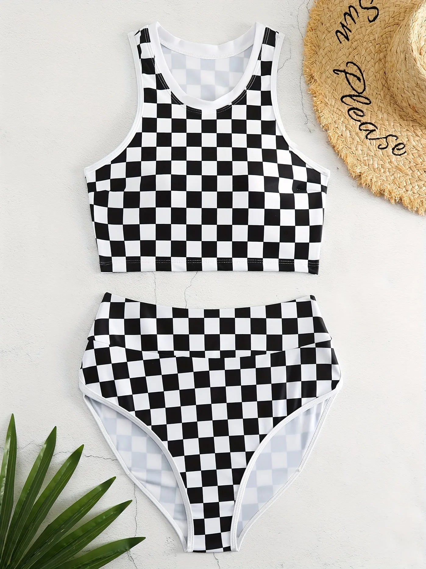 Women's checkerboard pattern racing one-piece swimsuit with backless design and suspender straps