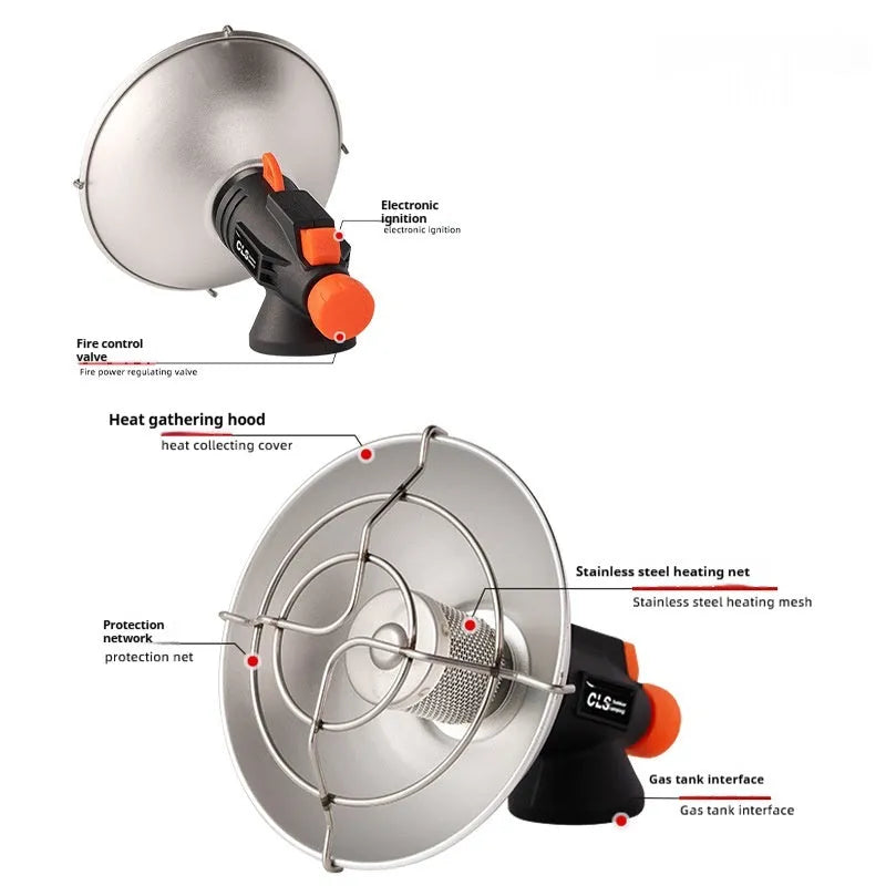 Black and orange portable outdoor camping heater with automatic ignition on a stainless steel and plastic body.