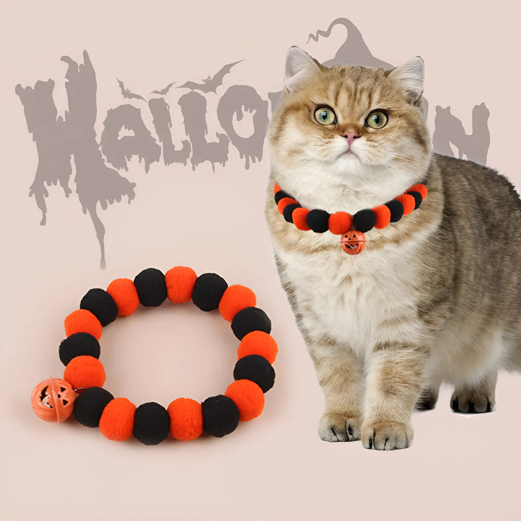 Orange cat collar with a black Halloween pumpkin print and 'trick or treat' text, shown with a buckle.
