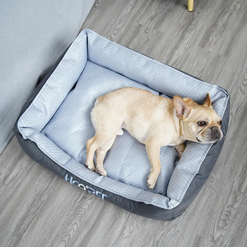 Soft summer dog bed with removable cover shown in small, medium, and large sizes as a pet house nest