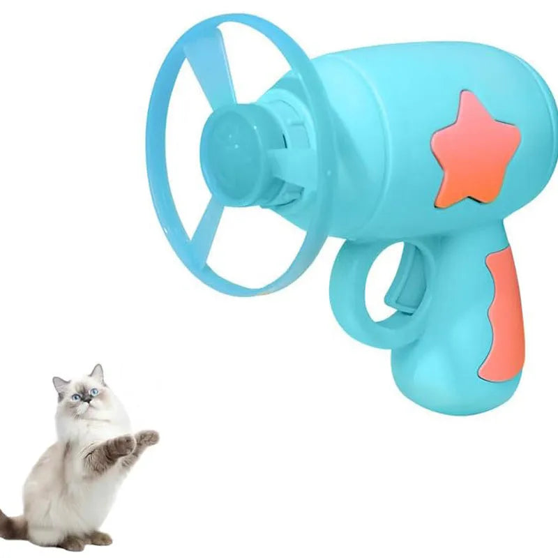 Blue or pink plastic cat toy gun with frisbee for indoor cat play